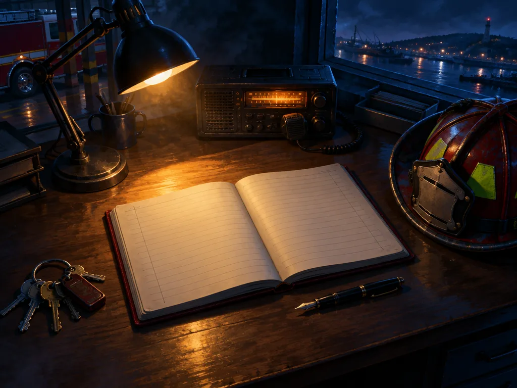 Meja jaga Station 9 di malam hari: buku log terbuka dengan halaman bergaris kosong, pena, lampu meja, radio dispatch dengan dial menyala, helm merah di sudut meja, dan seikat kunci.